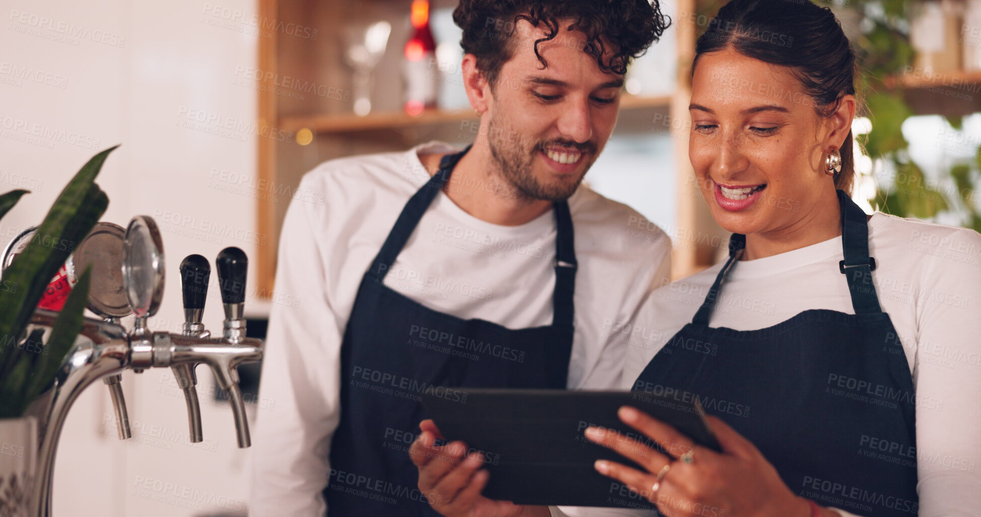 Buy stock photo Barista team, people with tablet in coffee shop, man and woman, discussion about work search or inventory check. Communication, technology with online system in cafe, working and manage sales