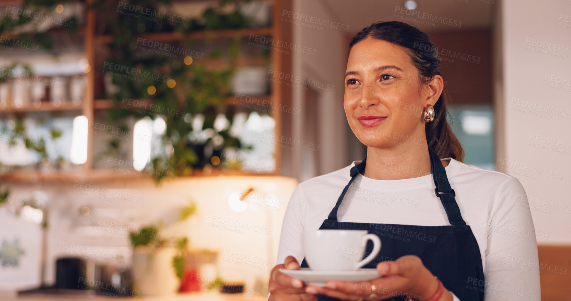 Buy stock photo Tea, barista or waitress walking with order at cafe for a hot drink, service or retail help at coffee shop. Serving, cup or woman in small business restaurant with mug or fresh espresso at workplace