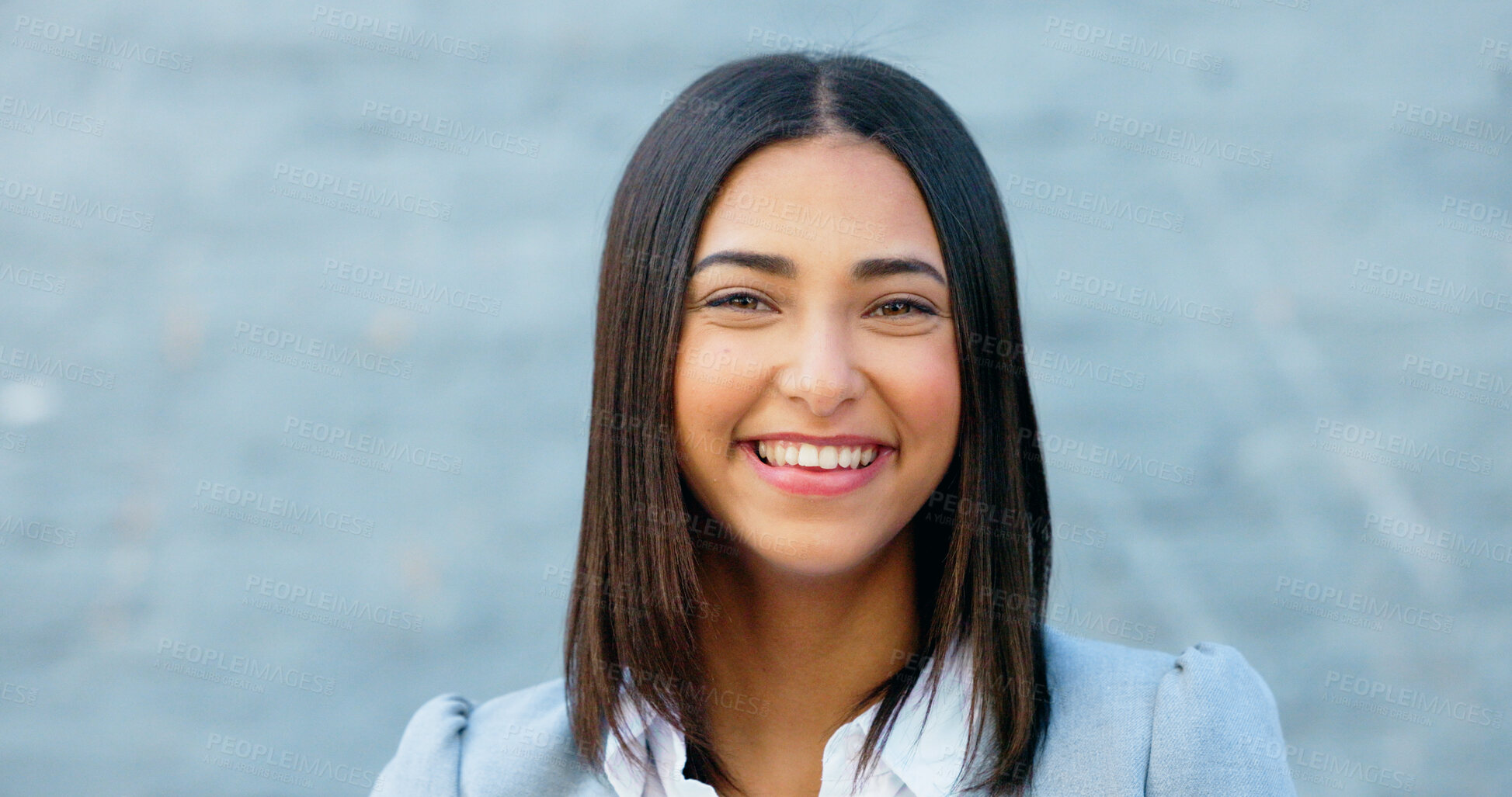 Buy stock photo Happy, woman laughing and portrait in the city or wall for work or corporate confidence. Smile, female worker and a young girl with a positive attitude, entrepreneurship or professional in town