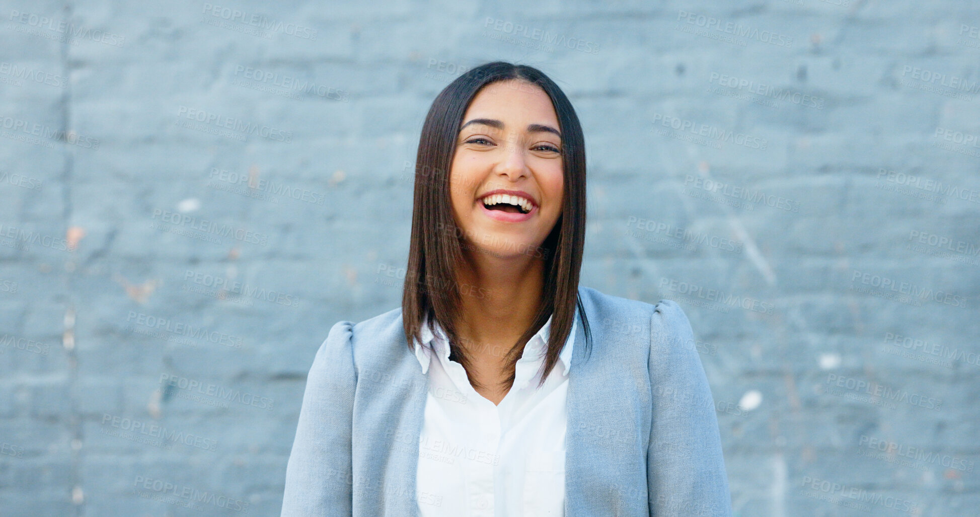 Buy stock photo Business woman, laughing and job portrait in the city with work commute and travel with a smile. Happy, female professional and funny joke at urban wall outdoor with worker and comedy of an employee