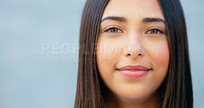 Closeup of smiling woman against grey wall background with copy space in city. Portrait, headshot or face of smiling, fun and trendy student.