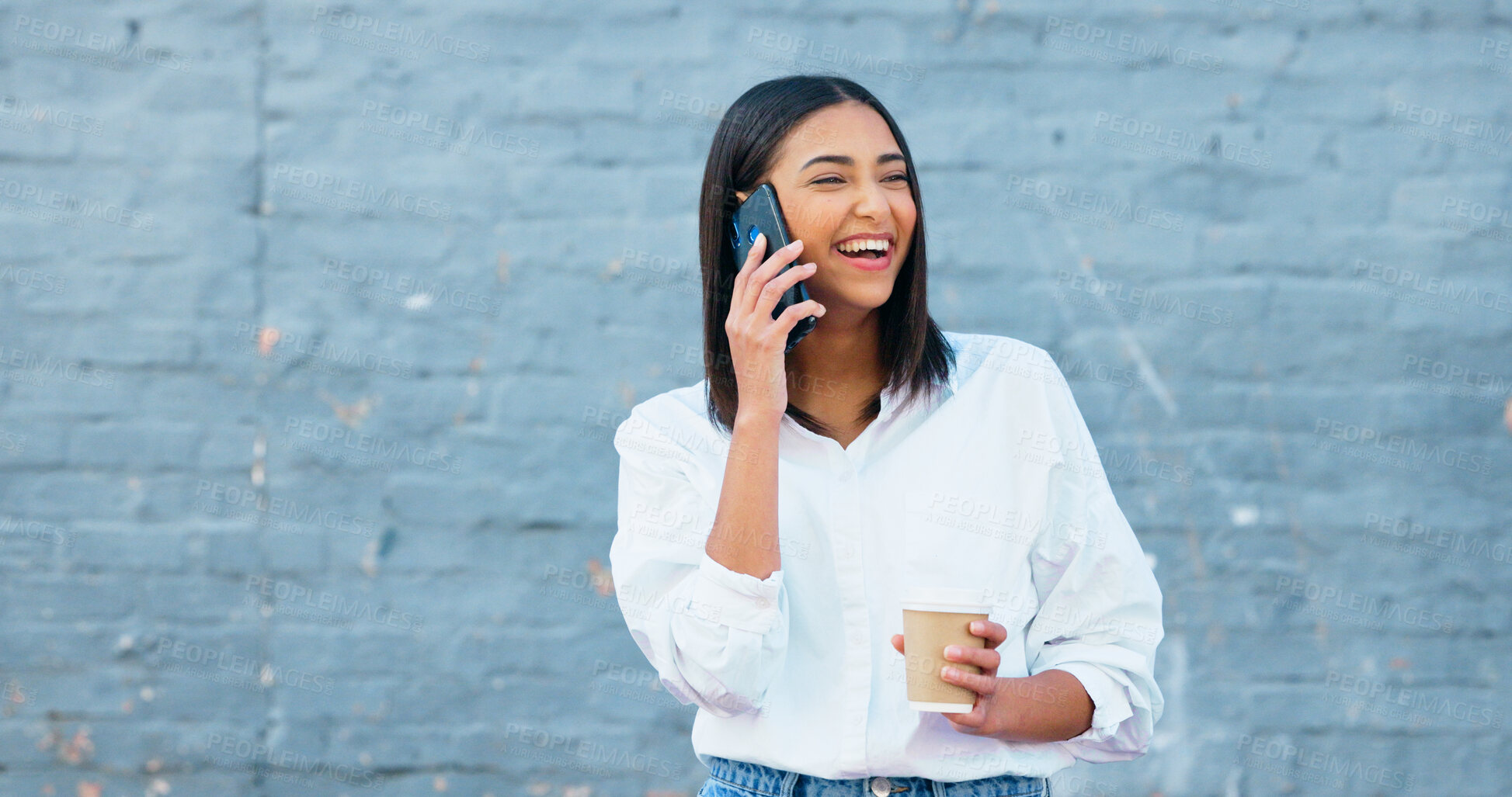 Buy stock photo Phone call, coffee and happy woman chat on wall background in city, communication or conversation. Tea, smile and person on smartphone, listening to news and talking on mobile mockup space outdoor