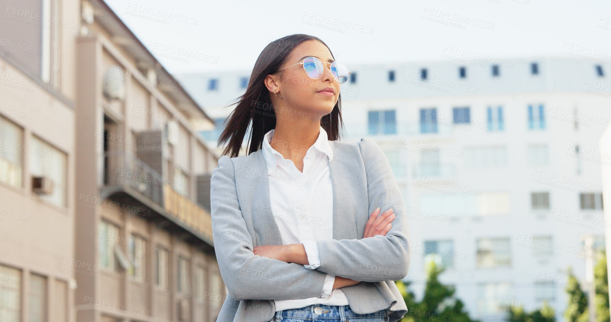 Buy stock photo Business woman, thinking and arms crossed in city for career, vision and future in street. Entrepreneur, ideas or decision for direction, choice or remember for solution, memory and outdoor in road