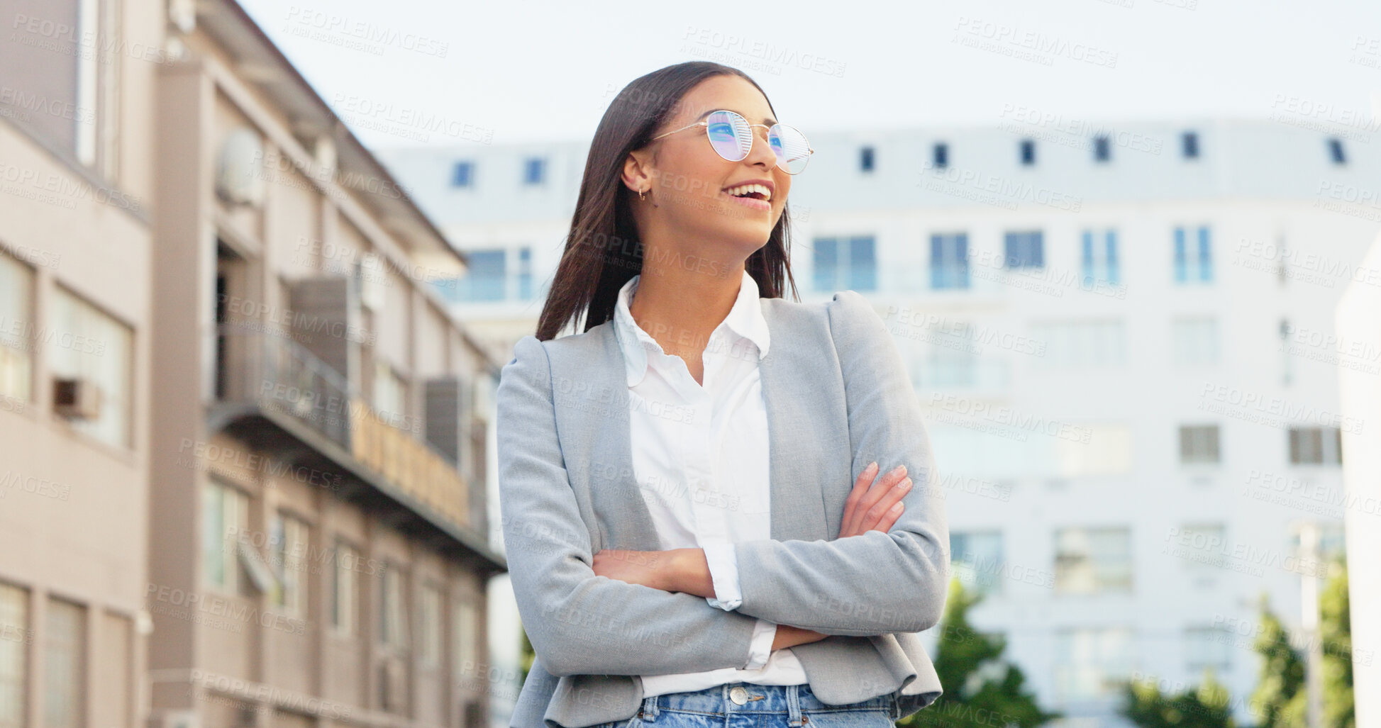 Buy stock photo Business woman, thinking and arms crossed in street for career, vision and happy in city. Entrepreneur, ideas or decision for direction, choice and smile for solution, memory or outdoor in metro road