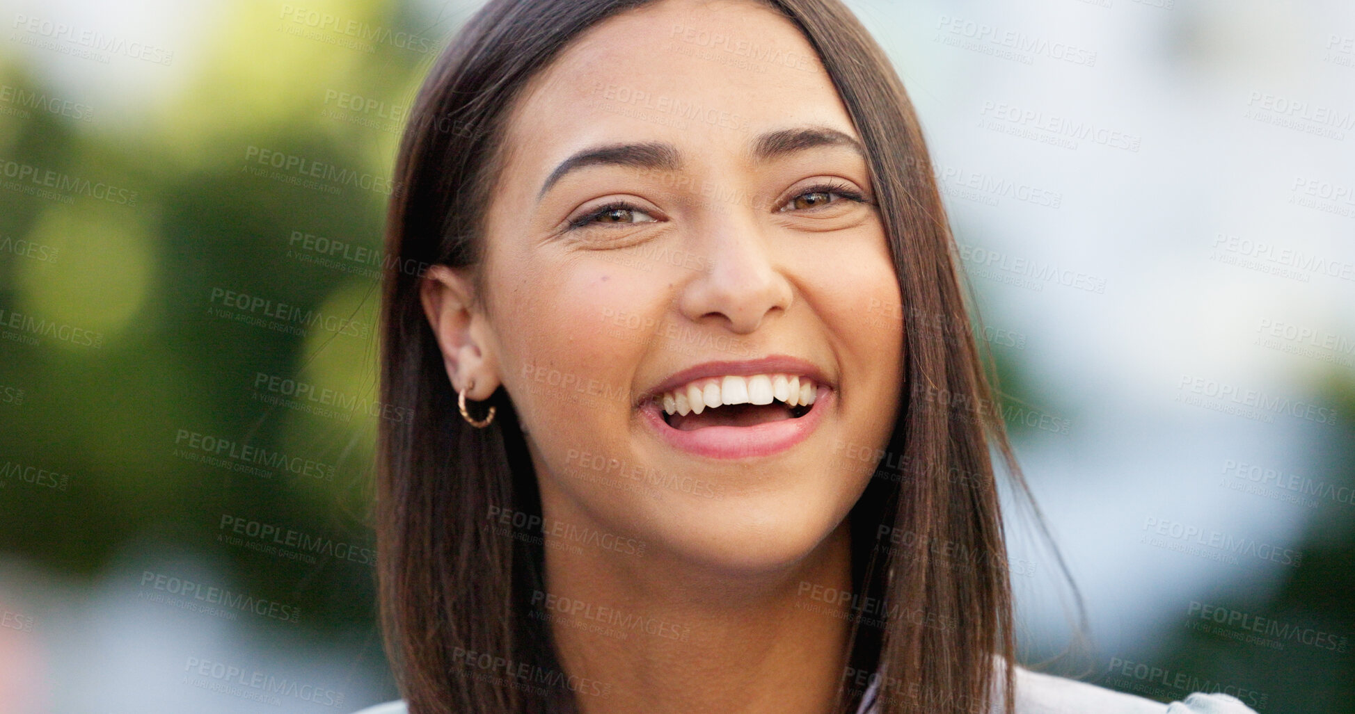 Buy stock photo Portrait, happy and a woman in the city for a joke, work or laughing with confidence. Young, stylish and face or headshot of a girl or person in town for the weekend, a break or urban morning