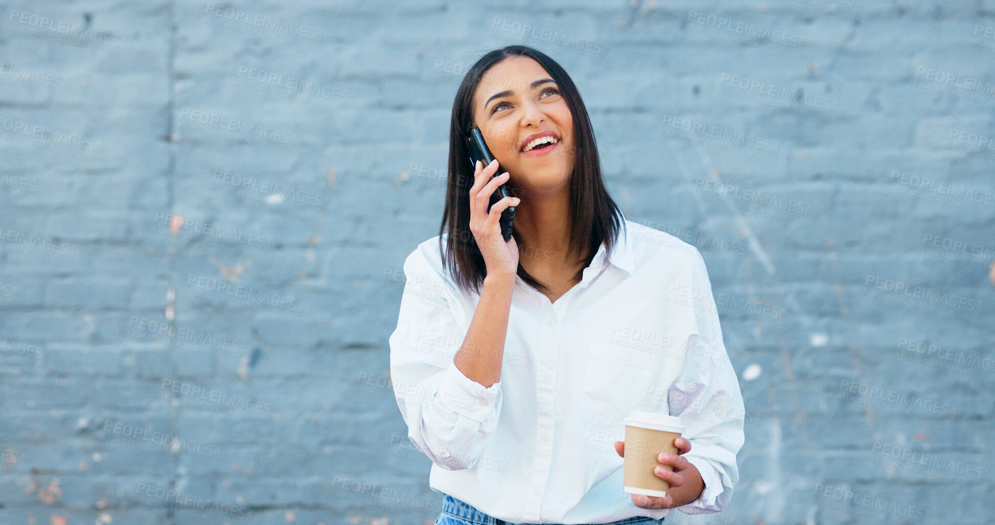 Buy stock photo Phone call, coffee and happy woman talking on wall background in city, communication or conversation. Tea, smile and person on smartphone, listening to news and chat on mobile mockup space outdoor