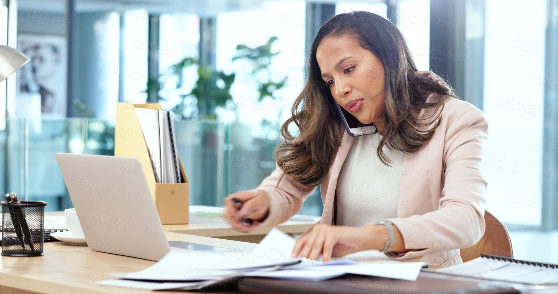 Buy stock photo Busy woman, documents and phone call for planning, business communication and time management stress. Employee, worker or secretary in chaos, paperwork and talking on mobile in office administration