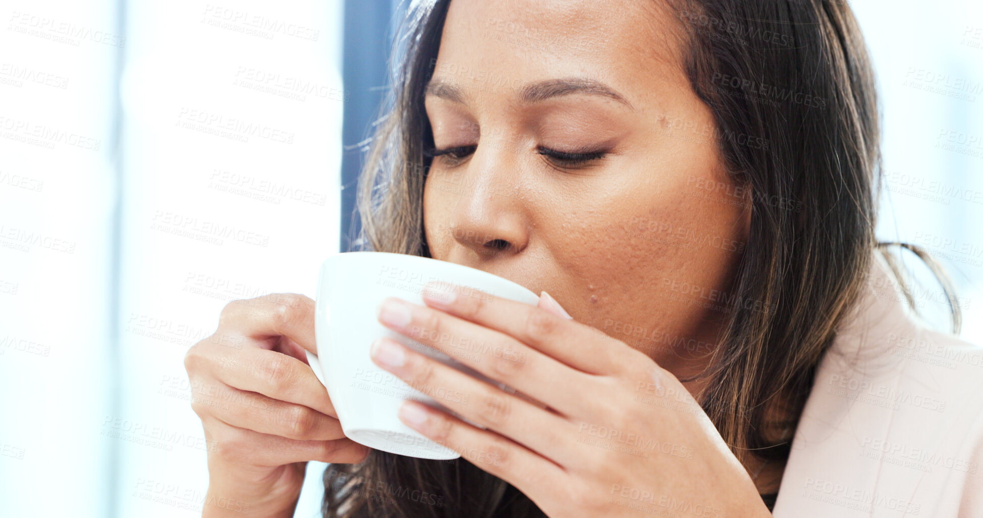 Buy stock photo Drinking coffee, relax woman and cup at home in the morning with peace and calm. Female person, smelling and hot drink in a house on a break with remote work happy from tea with aroma in a lounge