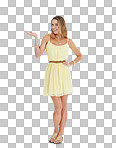 Woman, copy space hand or studio portrait with smile, yellow fashion dress. Isolated model, clothes and happy for mockup, marketing or beauty for product placement with open palm isolated on a png background