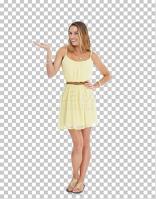 Buy stock photo Fashion, open hands and portrait of woman on png background for announcement, promotion and idea. News, deal and product placement with female isolated on transparent for style, cute and dress