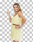Fashion, casual portrait of woman in summer dress with smile with happiness. Beauty, fun and weekend style, happy woman, fashion model or influencer standing isolated on a png background