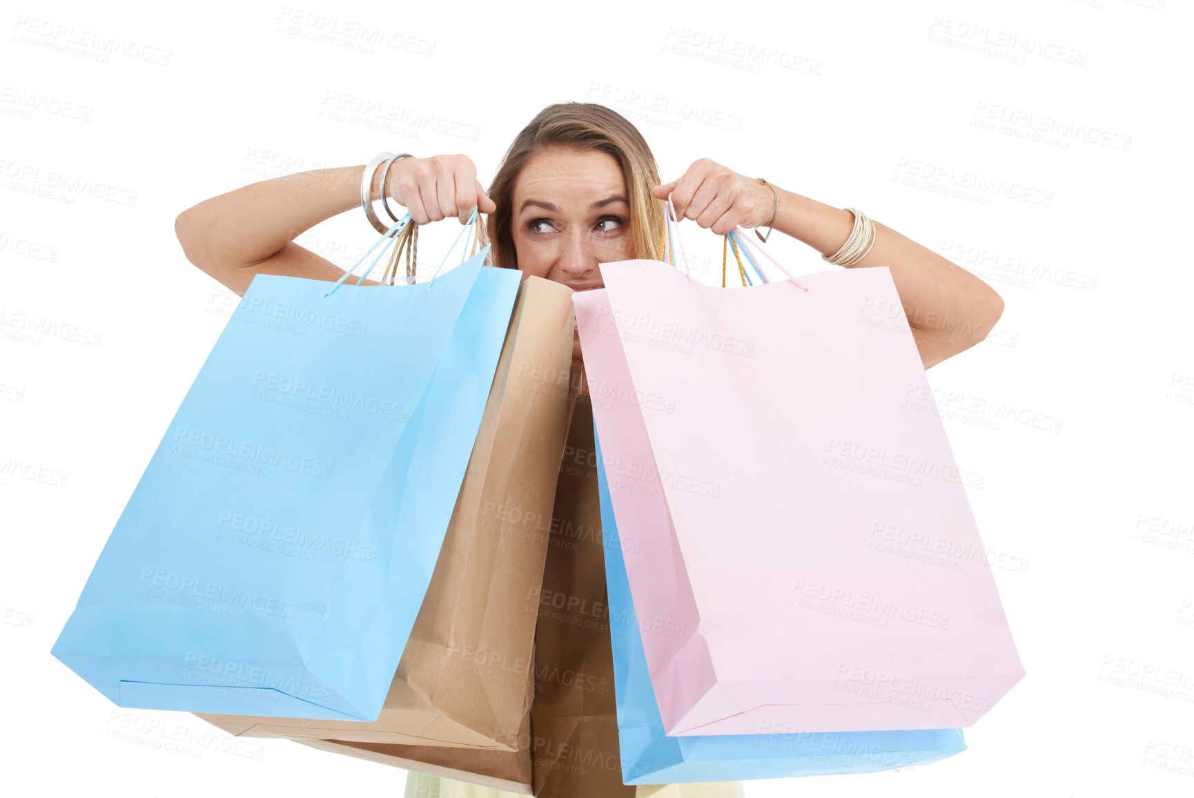 Buy stock photo Shopping, bag and excited with woman on png background for discount, sale and luxury. Bargain, rich and fashion with female isolated on transparent for offer, present and boutique purchase