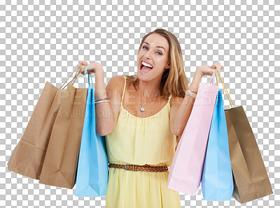 Buy stock photo Shopping bag, excited and portrait of woman on png background for discount, sale and luxury. Bargain, rich and fashion with female isolated on transparent for offer, present and boutique purchase