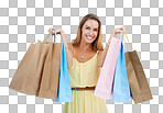 Woman, happy shopping and portrait and retail mall sales. Happy customer, model and shopping bags in commerce market, discount promotion and luxury store brand isolated on a png background