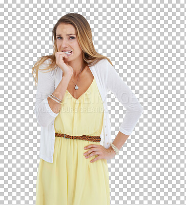 Buy stock photo Bite nails, anxiety and portrait of woman with worry on isolated, png and transparent background, Stress, overwhelmed emotion and face of female with fear, pressure and nervous gesture for mistake