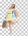 Shopping, retail and full body of woman isolated on a png background in fashion, designer clothes and cosmetics. Shopping bags, advertising and portrait of girl excited for promotion deal, sale and discount