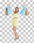 Shopping, fashion and woman excited isolated on a png background in retail, designer clothes and cosmetics. Shopping bags, advertising and portrait of happy girl for promotion deal, sales and discount