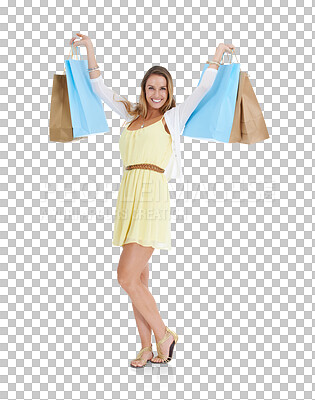 Shopping, fashion and woman excited isolated on a png background in retail,  designer clothes and cosmetics. Shopping bags, advertising and portrait of  happy girl for promotion deal, sales and discount
