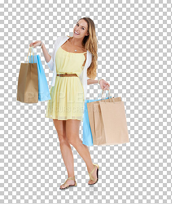 Buy stock photo Shopping, bag and spree with portrait of woman on png background for discount, sale and luxury. Bargain, rich and fashion with female isolated on transparent for offer, present and boutique purchase