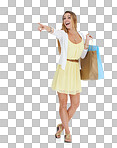 Fashion shopping bag, pointing and studio woman with retail sales product, discount deal or mall store present. Market choice purchase, luxury designer gift and happy customer isolated on a png background