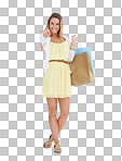 Woman, shopping and pointing with bags in studio portrait with smile, happy and isolated on a png background. Model, shopping bags and isolated happiness for fashion, sale and discount while excited for deal