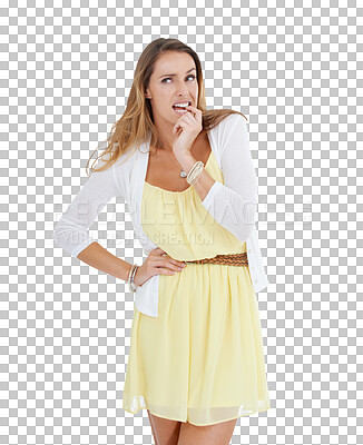 Buy stock photo Nervous, biting and nails with woman on png background for mistake, surprise and scared. Mistake, problem and overwhelmed with female isolated on transparent for stress, anxiety and insecure