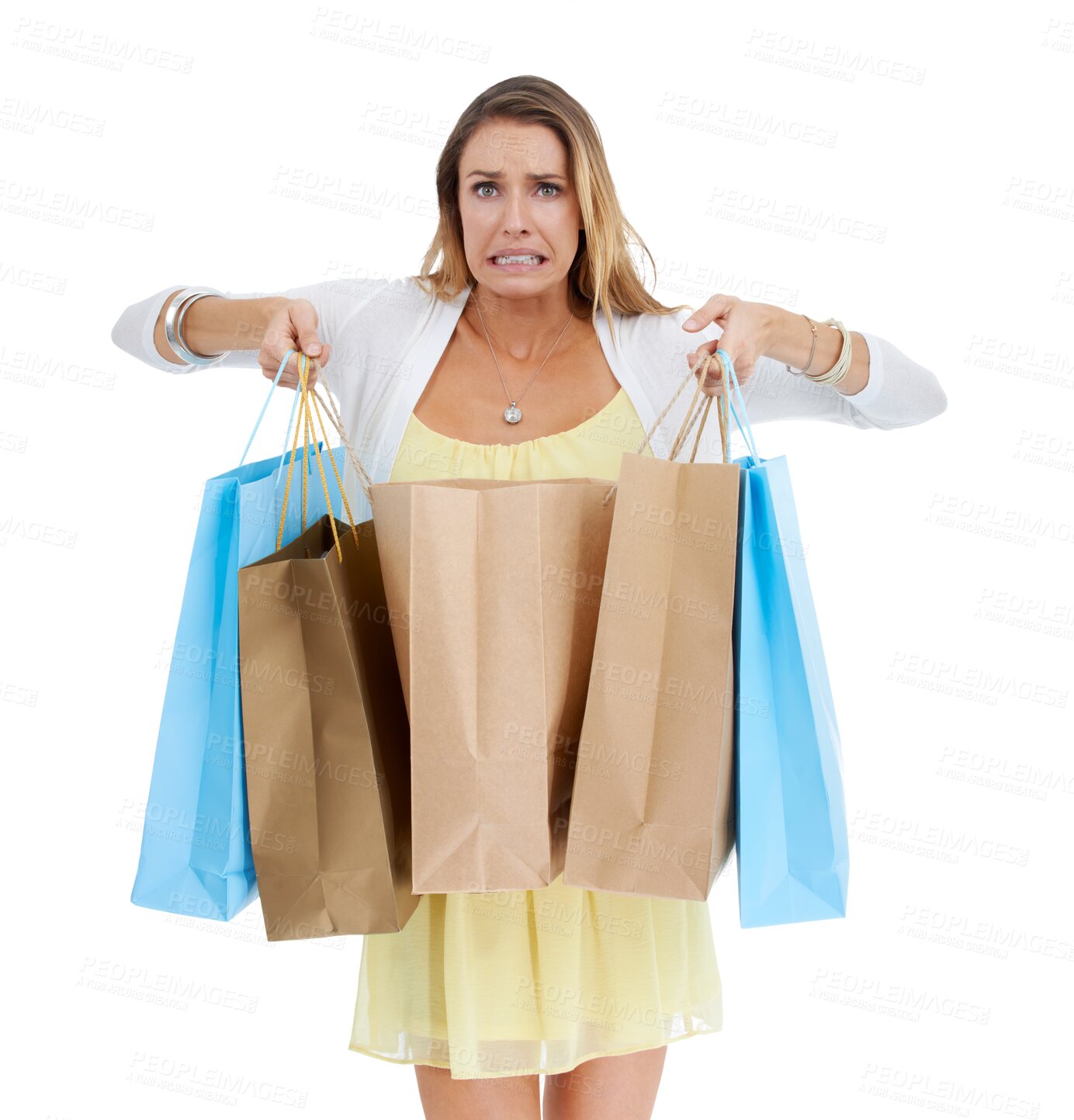 Buy stock photo Shopping bag, mistake or portrait of woman on png background for discount, sale or luxury. Bargain, oops or fashion with female stress isolated on transparent for offer, present and boutique purchase