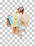 Shopping bag, jump and woman in studio for celebration, success and winning of sale or discount deal. Shopping, winner and excited customer with wealth for marketing isolated on a png background