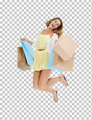 Buy stock photo Shopping bag, fashion with portrait of woman and jumping on png background for discount, sale and luxury. Bargain, rich and excited with female isolated on transparent for offer, present and boutique