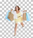 Credit card, shopping and woman running isolated on a png background for sales date or discount deal. Paper bag, loan and customer run to retail store or mall for spring or summer promotion in studio mock up