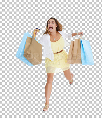 Buy stock photo Credit card, shopping and woman running isolated on a transparent png background for sales, discount or deal. Gift bag, loan and customer run to retail store or mall for summer promotion on mockup