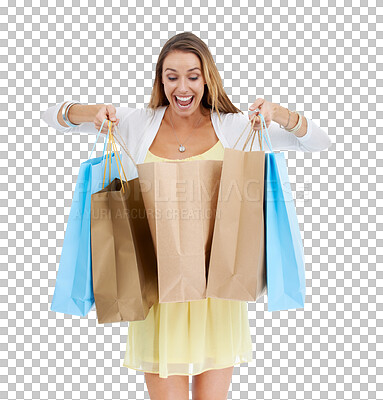 Buy stock photo Shopping bag and excited with woman on png background for discount, sale and luxury. Bargain, rich and fashion with female isolated on transparent for offer, present and boutique purchase