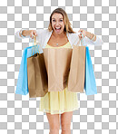 Woman look inside shopping bag with wow face for retail fashion sale, discount or deal in studio. Shopping, wealth and portrait of an excited customer check bag for surprise gift isolated on a png background