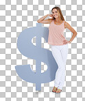 Woman, dollar sign and studio portrait for saving, money goals or investment for future. Financial dream, planning or vision with isolated model with smile for strategy in economy isolated on a png background