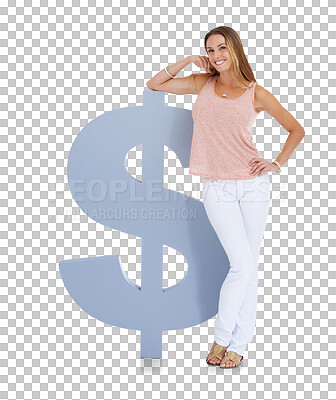 Buy stock photo Woman, dollar sign and smile portrait for saving, money icon or investment in stock market for future. Financial, emoji or happiness of female and cash cutout isolated on transparent, png background