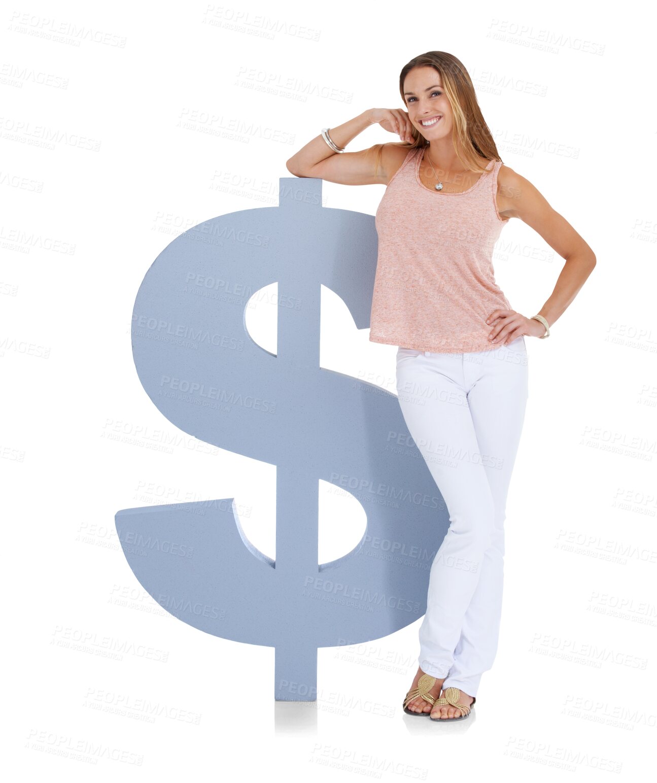 Buy stock photo Woman, dollar sign and smile portrait for saving, money icon or investment in stock market for future. Financial, emoji or happiness of female and cash cutout isolated on transparent, png background