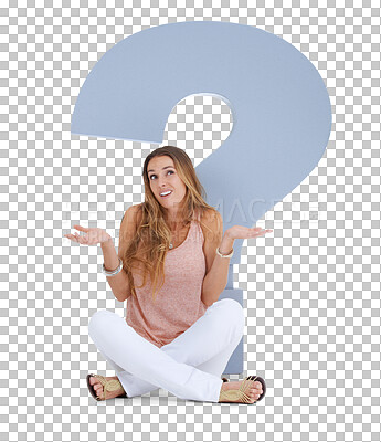 Question mark, confused and woman in studio with sign for ideas, decision and problem solving on mockup. Memory fail, question and doubt of model with why icon, font or cardboard for solution search isolated on a png background