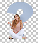 Question mark, confused and woman in studio with sign for ideas, decision and problem solving on mockup. Memory fail, question and doubt of model with why icon, font or cardboard for solution search isolated on a png background