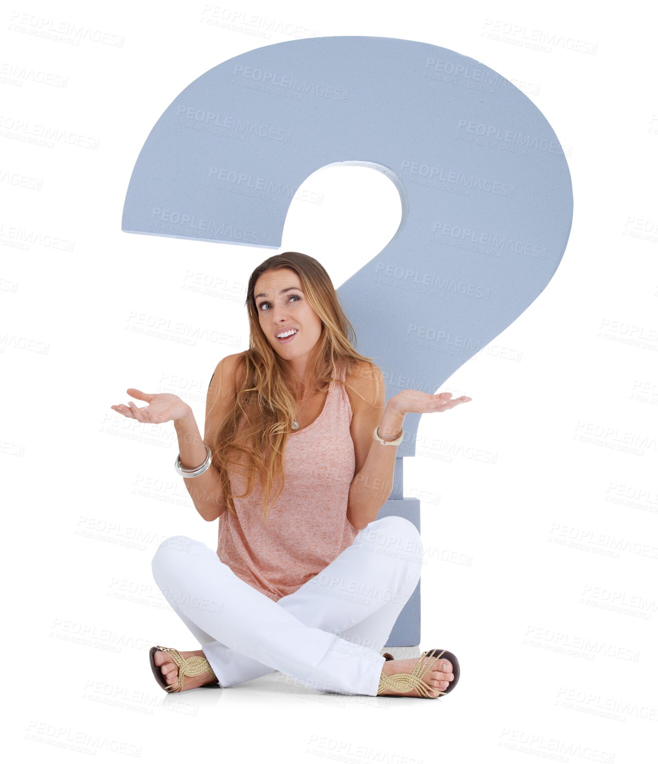 Buy stock photo Question mark, confused and doubt with woman on png background for problem solving, why and idea. Search, decision and thinking with female isolated on transparent for symbol, icon and brainstorming