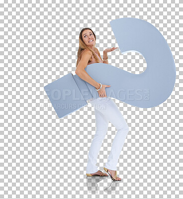 Buy stock photo Question mark, confused and why with woman on png background for problem solving, solution or idea. Search, decision and thinking with female isolated on transparent for symbol, icon or brainstorming