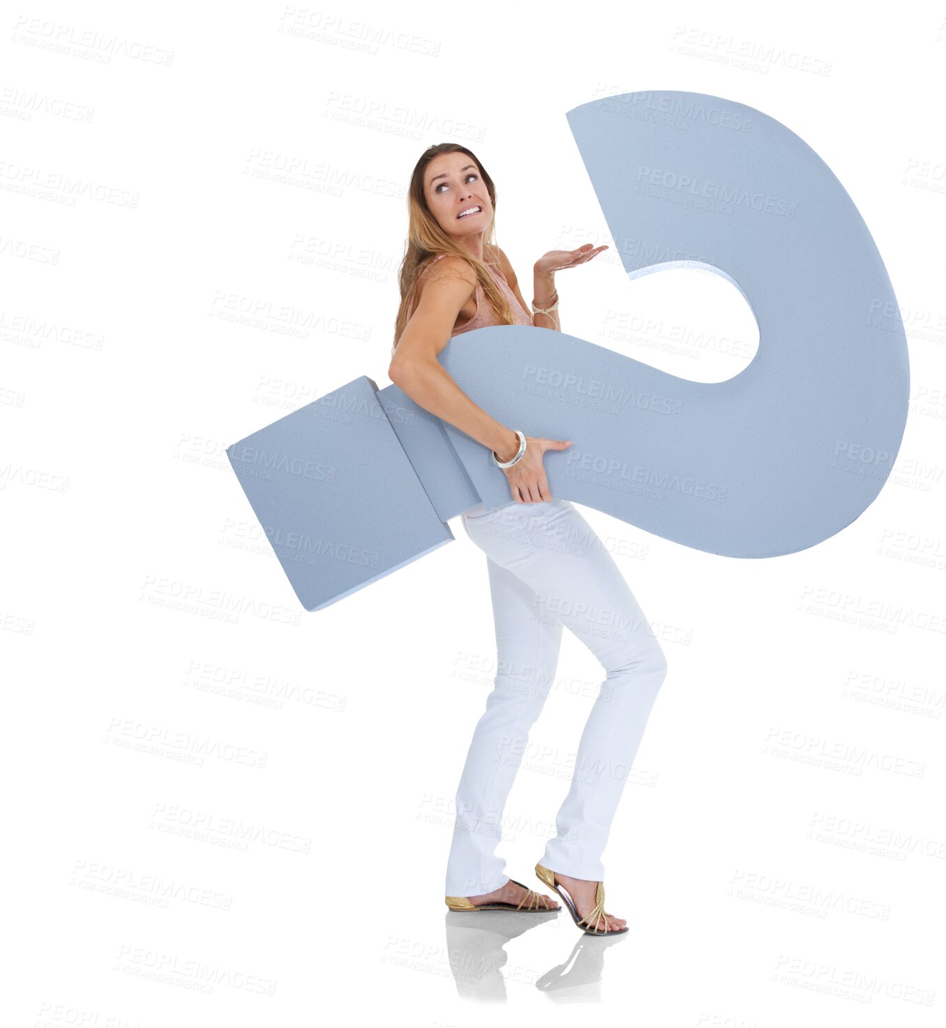 Buy stock photo Question mark, confused and why with woman on png background for problem solving, solution or idea. Search, decision and thinking with female isolated on transparent for symbol, icon or brainstorming