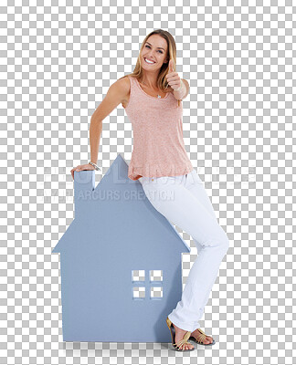 Buy stock photo Woman, thumbs up and portrait of house cutout for real estate, household investment and success. Realtor, winner hand approval sign and of property agreement isolated on a transparent, png background