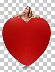 Heart, in love and woman happy with freedom and funny excited feeling behind sign. Model, isolated on a png background and comic young person with happiness, joy and smile for romance and beauty isolated