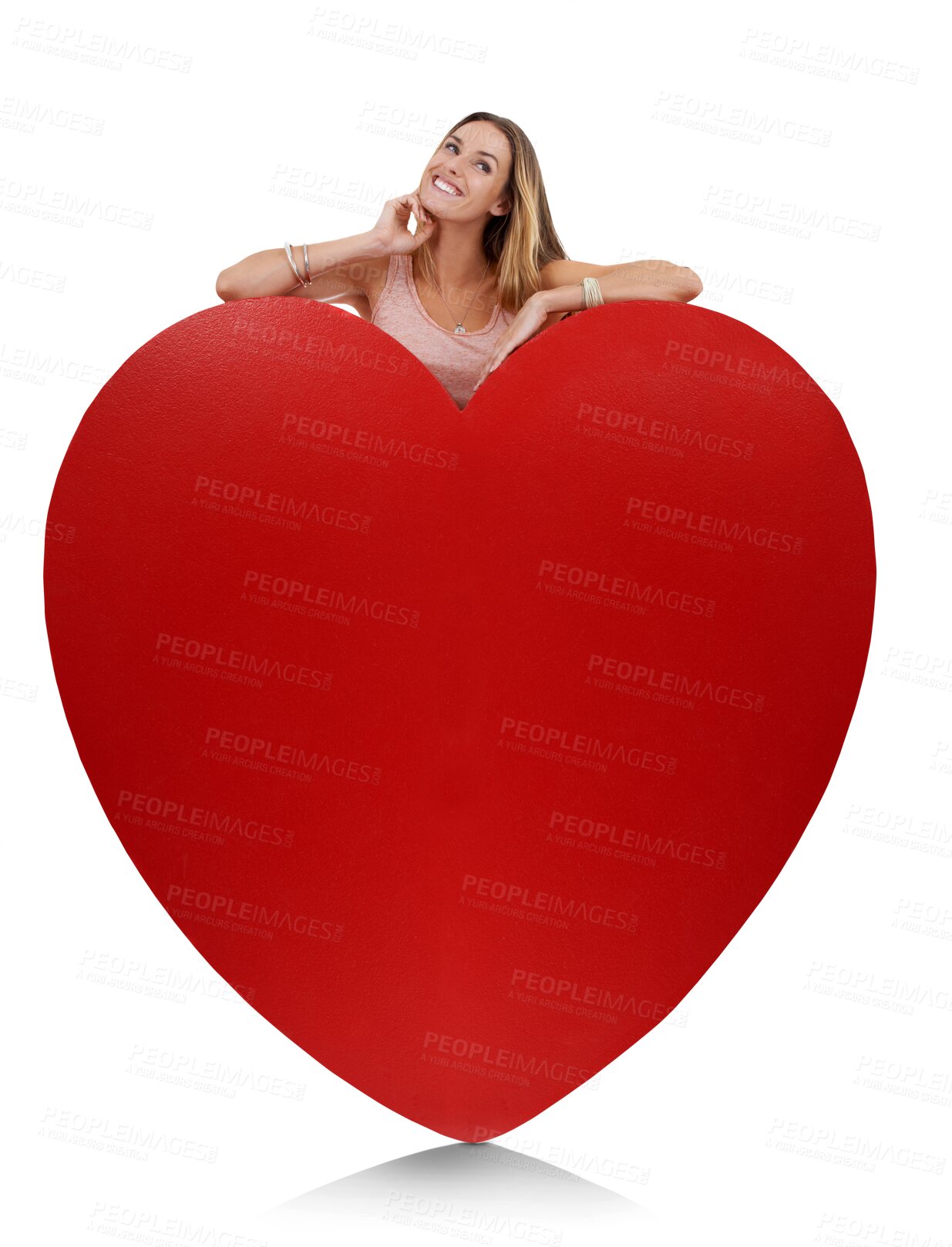 Buy stock photo Heart, love and thinking with woman on png background for happy, romance and valentines day. Smile, happiness and affectionate with female isolated on transparent for excited, date and kindness