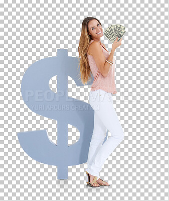 Buy stock photo Money, dollar sign and rich woman in portrait with cash for savings with banking finance and investing. Financial success, female and bonus and winning lotto isolated on a transparent, png background