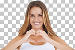 Portrait, hand and heart by woman happy, relax and smile. Face, love and emoji by girl showing shape with hands for care, peace and kindness on isolated space isolated on a png background
