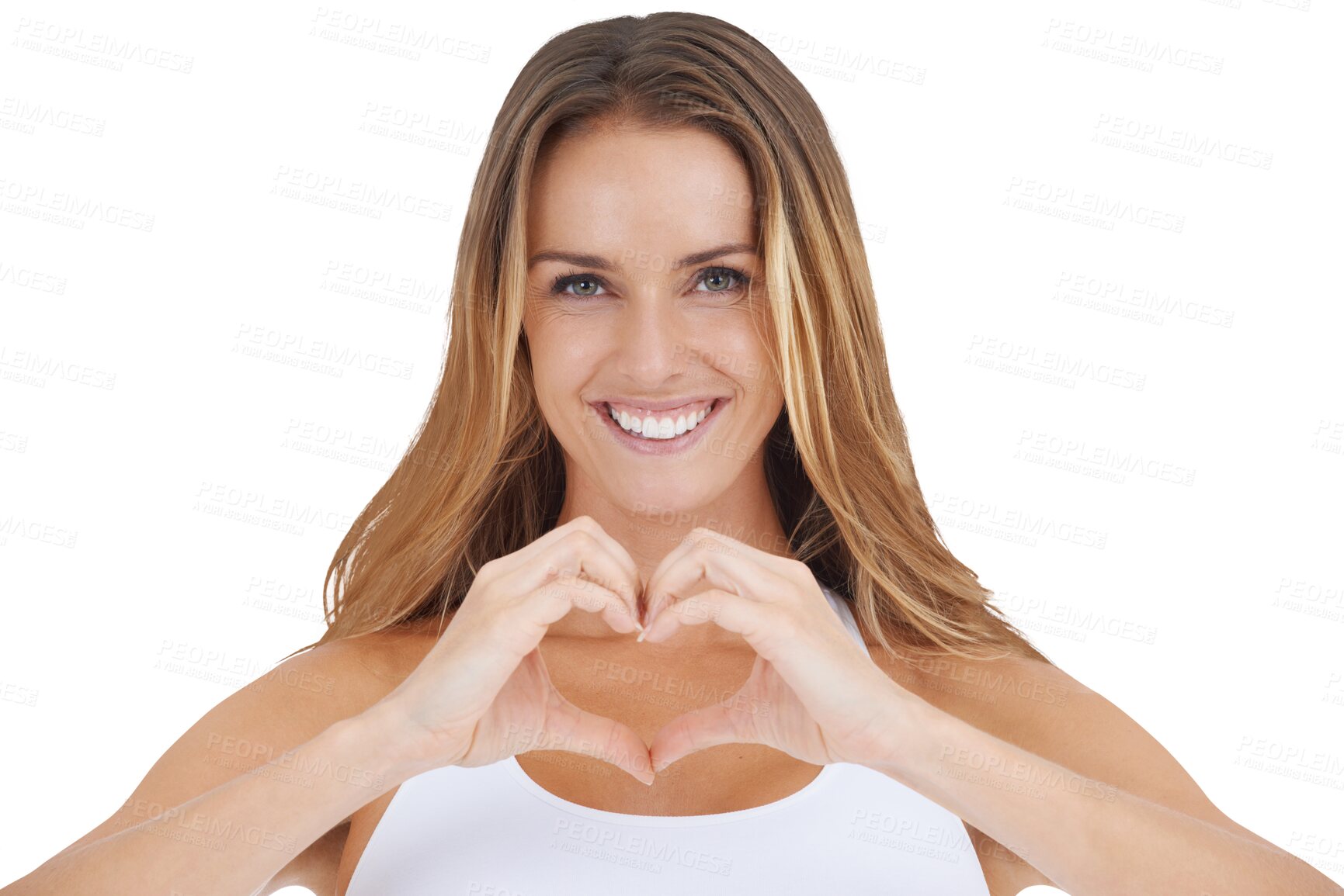 Buy stock photo Heart, hands and portrait of woman on png background for love, kindness and support. Happy, smile and peace with female and positive gesture isolated on transparent for motivation, emoji and icon