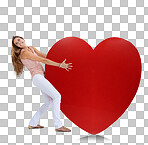 Love, studio and woman pull heart isolated on a png background. Beauty, fashion and young female model pulling heavy symbol or sign for romance emoji, affection or romantic passion, care or empathy