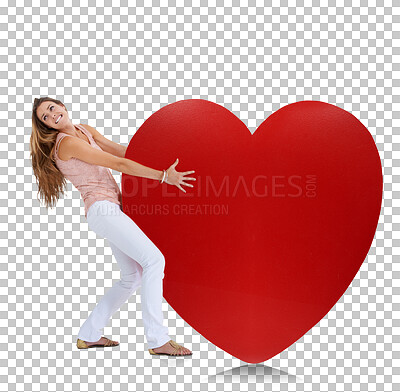 Buy stock photo Heart, love and pulling with woman on png background for happy, romance and valentines day. Heavy, weight and affectionate with female isolated on transparent for comedy, date and kindness