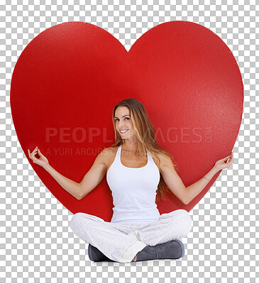 Heart, love and woman portrait sitting with a smile, happiness and isolated on a png background. Hearts cartoon, calm and model happy about romance vision, valentines day and beauty with mock up